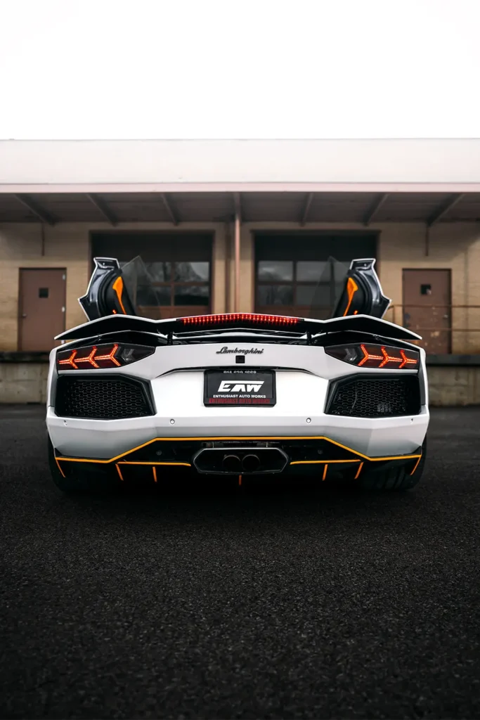 Lamborghini Aventador in the collision repair bay at Enthusiast Auto Works, New Rochelle NY